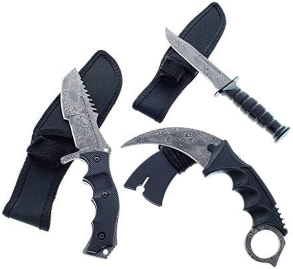 Falcon Tactical CS:GO Damascus Print Tactical Set: Huntsman Knife, Tactical Combat Knife, and Karambit Knife