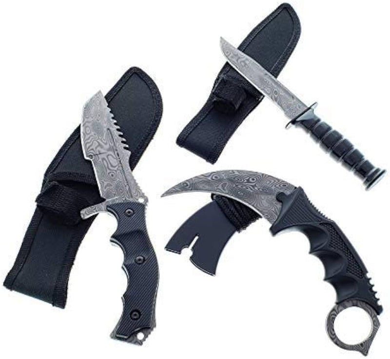 Falcon Tactical CS:GO Damascus Print Tactical Set: Huntsman Knife, Tactical Combat Knife, and Karambit Knife