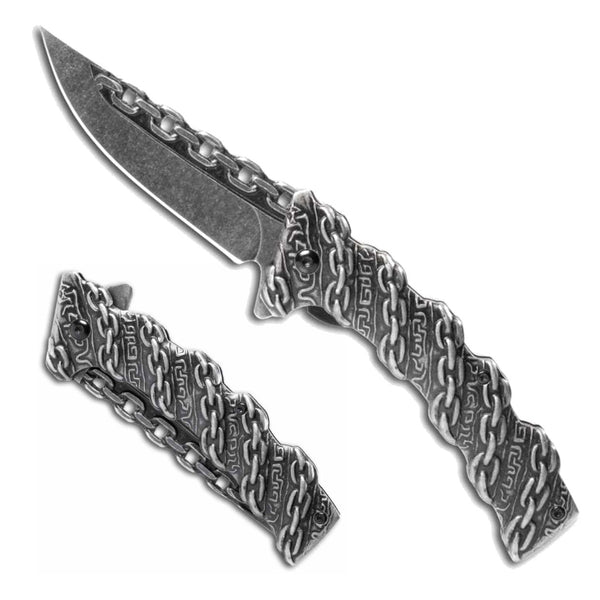 Buckshot Stonewashed Chain Link Folding Knife 8″