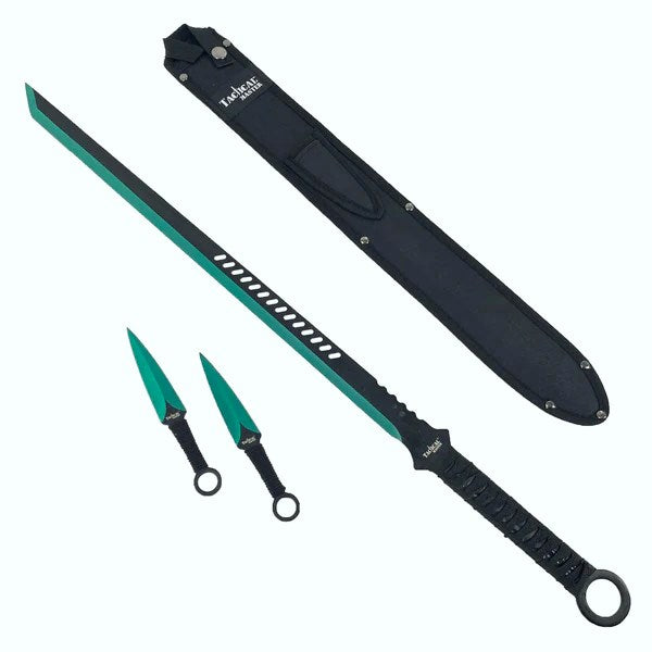 Tactical Master 27" Green/Blk Tanto Ninja Machete Sword with 2 Throwing Knives