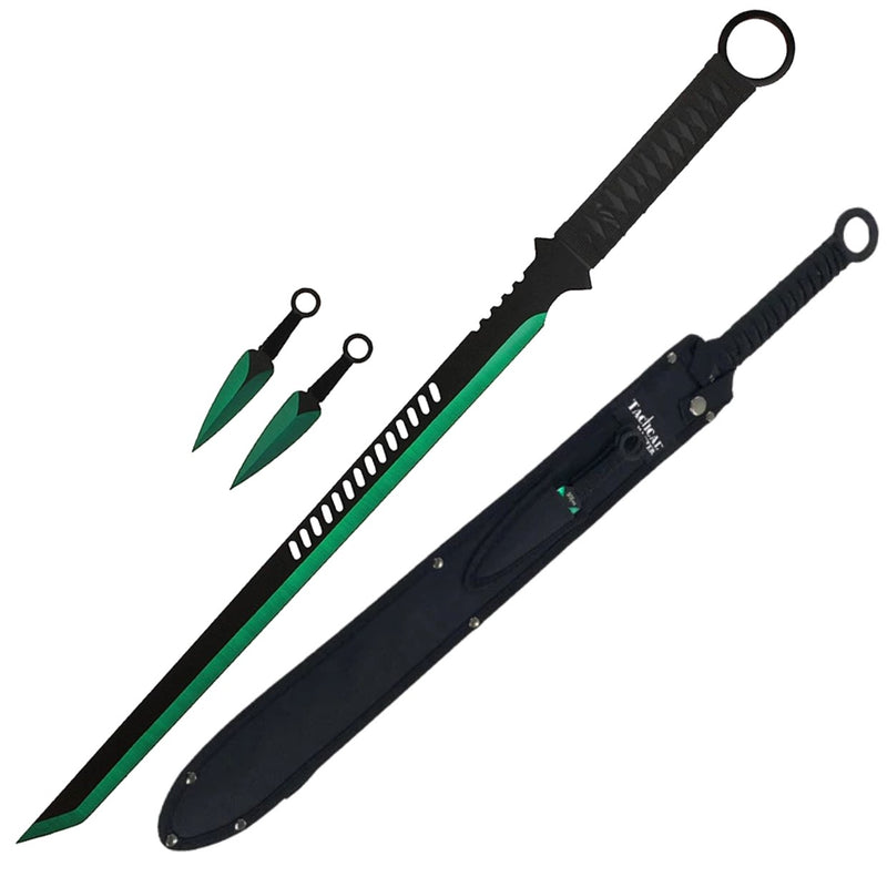 Tactical Master 27" Green/Blk Tanto Ninja Machete Sword with 2 Throwing Knives