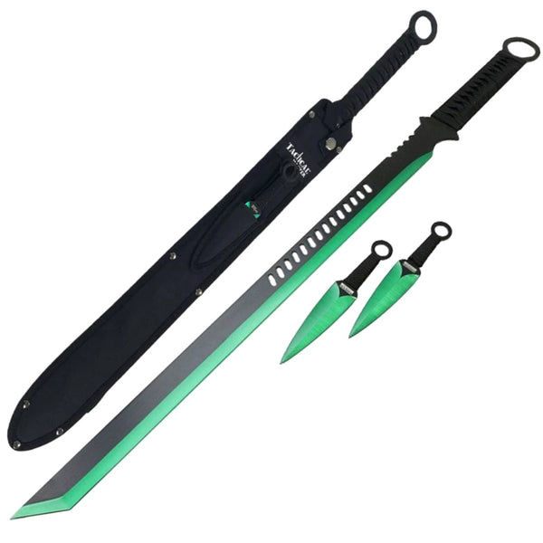 Tactical Master 27" Green/Blk Tanto Ninja Machete Sword with 2 Throwing Knives