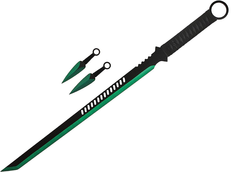 Tactical Master 27" Green/Blk Tanto Ninja Machete Sword with 2 Throwing Knives