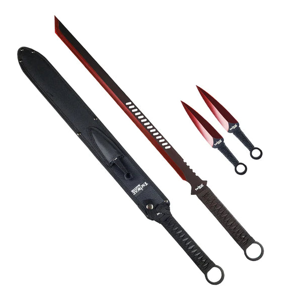 Tactical Master Red/Blk Tanto Machete Sword with 2 Throwing Knives