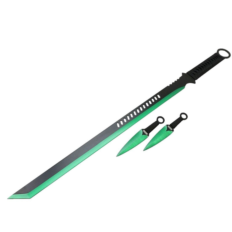 Tactical Master 27" Green/Blk Tanto Ninja Machete Sword with 2 Throwing Knives