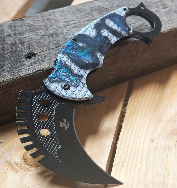 Snake Eye 8" Tactical Grey Blue Dragon Folding Karambit