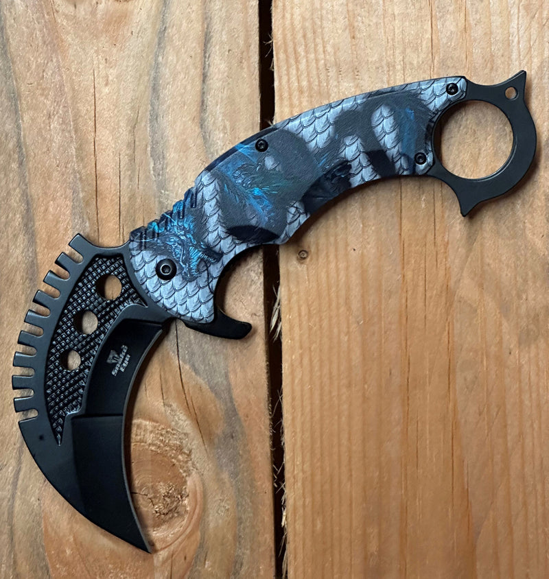 Snake Eye 8" Tactical Grey Blue Dragon Folding Karambit